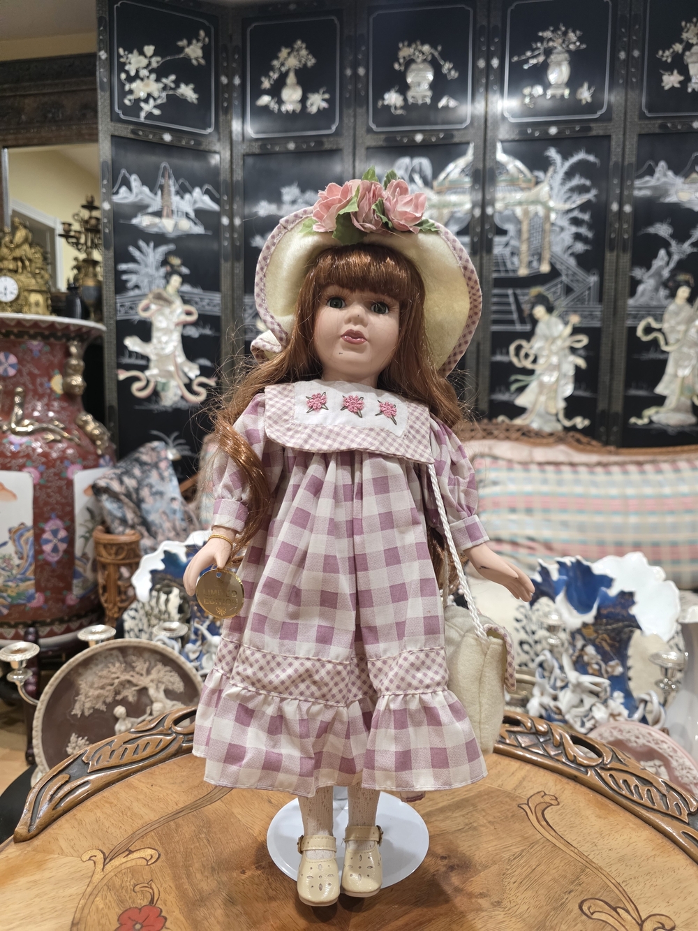 17"inch Limited Edition Porcelain Girl Doll with Hat, Purse & Stand